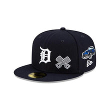 Load image into Gallery viewer, Detroit Tigers New Era MLB 59Fifty 5950 Fitted Hat Navy Crown/Visor White Team Color Logo with Multiple Patches Gray UV (City Transit)