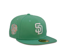 Load image into Gallery viewer, San Diego Padres New Era MLB 59Fifty 5950 Fitted Cap Hat Mint Crown White Logo 2016 All-Star Game Side Patch Peach UV
