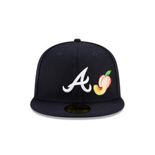 Load image into Gallery viewer, Atlanta Braves New Era MLB 59Fifty 5950 Fitted Hat Navy Crown/Visor White Team Color Logo with Multiple Patches Gray UV (City Transit)