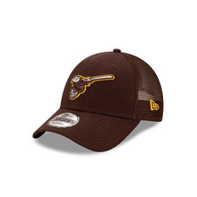 Load image into Gallery viewer, San Diego Padres New Era MLB 9Forty 940 The League Adjustable Trucker Mesh Cap Hat Dark Brown Crown/Visor Brown/White/Yellow Friar Logo