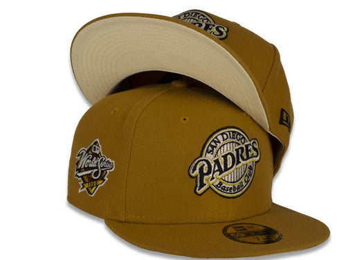 San Diego Padres New Era MLB 59Fifty 5950 Fitted Cap Hat Tan Crown Black/Metallic Gold/Chrome Cooperstown Retro Logo 1998 World Series Side Patch Chrome UV
