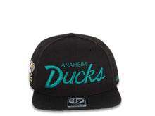 Load image into Gallery viewer, Mighty Ducks '47 NHL Snapback Cap Hat Black Crown/Visor Teal Script Logo Vintage Side Patch