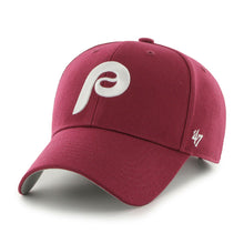 Load image into Gallery viewer, Philadelphia Phillies Cooperstown '47 Brand MLB MVP Adjustable Snapback Closure Cap Hat Maroon Crown/Visor White Logo 1980 World Series Side Patch Gray UV