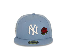 Load image into Gallery viewer, New York Yankees New Era MLB 59Fifty 5950 Fitted Cap Hat Sky Blue Crown/Visor White Logo with Roses 27X World Series Champions Side Patch Apple Back Logo Gray UV