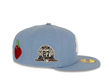 Load image into Gallery viewer, New York Yankees New Era MLB 59Fifty 5950 Fitted Cap Hat Sky Blue Crown/Visor White Logo with Roses 27X World Series Champions Side Patch Apple Back Logo Gray UV