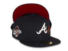 Load image into Gallery viewer, Atlanta Braves New Era MLB 59Fifty 5950 Fitted Cap Hat Navy Crown/Visor White Logo with Roses 1995 World Series Side Patch Red UV