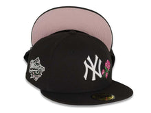 Load image into Gallery viewer, New York Yankees New Era MLB 59Fifty 5950 Fitted Cap Hat Black Crown/Visor White Logo with Roses 1998 World Series Side Patch Pink UV
