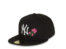 Load image into Gallery viewer, New York Yankees New Era MLB 59Fifty 5950 Fitted Cap Hat Black Crown/Visor White Logo with Roses 1998 World Series Side Patch Pink UV