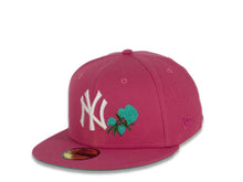 Load image into Gallery viewer, New York Yankees New Era MLB 59Fifty 5950 Fitted Cap Hat Beetroot Purple Crown/Visor White Logo with Roses 1999 World Series Side Patch Teal UV