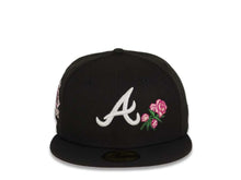 Load image into Gallery viewer, Atlanta Braves New Era MLB 59Fifty 5950 Fitted Cap Hat Black Crown/Visor White Logo with Roses 150th Anniversary Side Patch Pink UV