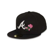 Load image into Gallery viewer, Atlanta Braves New Era MLB 59Fifty 5950 Fitted Cap Hat Black Crown/Visor White Logo with Roses 150th Anniversary Side Patch Pink UV