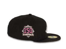Load image into Gallery viewer, Atlanta Braves New Era MLB 59Fifty 5950 Fitted Cap Hat Black Crown/Visor White Logo with Roses 150th Anniversary Side Patch Pink UV