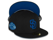 Load image into Gallery viewer, San Diego Padres New Era MLB 59FIFTY 5950 Fitted Cap Hat Black Crown/Visor Royal Blue Logo 50th Anniversary Side Patch