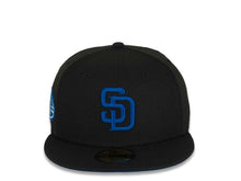 Load image into Gallery viewer, San Diego Padres New Era MLB 59FIFTY 5950 Fitted Cap Hat Black Crown/Visor Royal Blue Logo 50th Anniversary Side Patch
