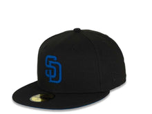Load image into Gallery viewer, San Diego Padres New Era MLB 59FIFTY 5950 Fitted Cap Hat Black Crown/Visor Royal Blue Logo 50th Anniversary Side Patch