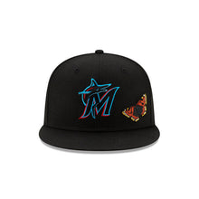 Load image into Gallery viewer, Miami Marlins New Era MLB 59FIFTY 5950 Fitted Cap Hat Black Crown/Visor Team Color Logo with Butterflies (Felt)