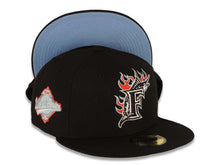 Load image into Gallery viewer, Florida Marlins New Era MLB 59FIFTY 5950 Fitted Cap Hat Black Crown/Visor White/Red/Sky Blue Logo Sky Blue UV Team Fire Flame