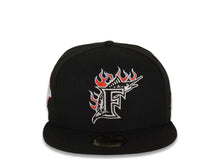 Load image into Gallery viewer, Florida Marlins New Era MLB 59FIFTY 5950 Fitted Cap Hat Black Crown/Visor White/Red/Sky Blue Logo Sky Blue UV Team Fire Flame