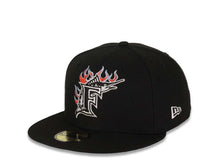 Load image into Gallery viewer, Florida Marlins New Era MLB 59FIFTY 5950 Fitted Cap Hat Black Crown/Visor White/Red/Sky Blue Logo Sky Blue UV Team Fire Flame