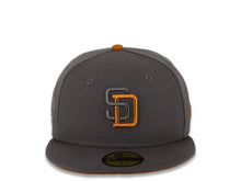 Load image into Gallery viewer, San Diego Padres New Era MLB 59FIFTY 5950 Fitted Cap Hat Dark Gray Crown/Visor Metallic Black/Metallic Copper Logo 1998 World Series Side Patch
