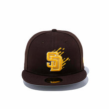 Load image into Gallery viewer, San Diego Padres New Era MLB 59FIFTY 5950 Fitted Cap Hat Dark Brown Crown/Visor Yellow/White Splatter Logo