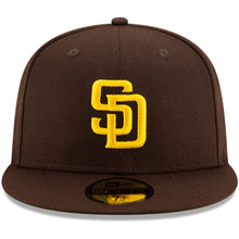 Load image into Gallery viewer, San Diego Padres New Era MLB 59FIFTY 5950 Fitted Cap Hat Brown Crown/Visor Yellow Logo Jackie Robinson Day Side Patch