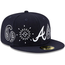 Load image into Gallery viewer, Atlanta Braves New Era MLB 59FIFTY 5950 Fitted Cap Hat Navy Crown/Visor White Logo Green UV (Paisley)
