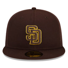 Load image into Gallery viewer, San Diego Padres New Era MLB 59FIFTY 5950 Fitted Mesh Trucker Cap Hat Brown Crown/Visor Brown/Yellow Logo (2022 Batting Practice)