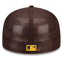 Load image into Gallery viewer, San Diego Padres New Era MLB 59FIFTY 5950 Fitted Mesh Trucker Cap Hat Brown Crown/Visor Brown/Yellow Logo (2022 Batting Practice)