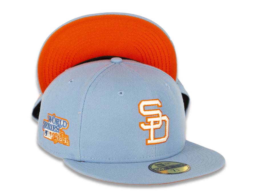 San Diego Padres New Era MLB 59FIFTY 5950 Fitted Cap Hat Sky Blue Crown/Visor White/Orange Cooperstown Logo 1984 World Series Side Patch Orange UV 7