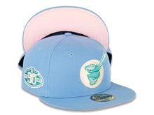 Load image into Gallery viewer, San Diego Padres New Era MLB 59FIFTY 5950 Fitted Cap Hat Sky Blue Crown/Visor Blue Wisteria/White “Friar” Logo 50th Anniversary Side Patch Pink UV