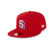 Load image into Gallery viewer, San Diego Padres New Era MLB 59FIFTY 5950 Fitted Cap Hat Red Crown/Visor White/Sky Blue Logo 25th Anniversary Side Patch Sky Blue UV