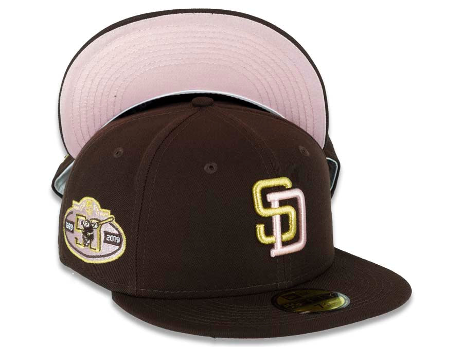 San Diego Padres New Era MLB 59FIFTY 5950 Fitted Cap Hat Dark Brown Crown/Visor Metallic Gold/Pink Logo 50th Anniversary Side Patch Pink UV 7 1/2