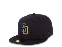 Load image into Gallery viewer, San Diego Padres New Era MLB 59FIFTY 5950 Fitted Cap Hat Dark Navy Crown/Visor Metallic Copper/Teal Logo 2016 All-Star Game Side Patch Gray UV