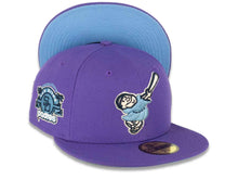 Load image into Gallery viewer, San Diego Padres New Era MLB 59FIFTY 5950 Fitted Cap Hat Varsity Purple Crown/Visor Sky Blue/Navy “Friar” Logo Stadium Side Patch Sky Blue UV