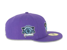 Load image into Gallery viewer, San Diego Padres New Era MLB 59FIFTY 5950 Fitted Cap Hat Varsity Purple Crown/Visor Sky Blue/Navy “Friar” Logo Stadium Side Patch Sky Blue UV