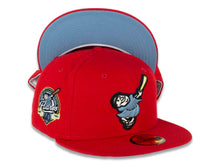 Load image into Gallery viewer, San Diego Padres New Era MLB 59FIFTY 5950 Fitted Cap Hat Red Crown/Visor Sky Blue/Metallic Gold “Swinging Friar” Logo 40th Anniversary Side Patch Sky Blue UV