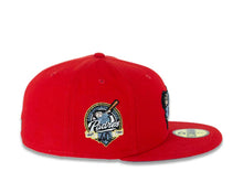 Load image into Gallery viewer, San Diego Padres New Era MLB 59FIFTY 5950 Fitted Cap Hat Red Crown/Visor Sky Blue/Metallic Gold “Swinging Friar” Logo 40th Anniversary Side Patch Sky Blue UV