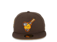 Load image into Gallery viewer, San Diego Padres New Era MLB 59FIFTY 5950 Fitted Cap Hat Brown Crown/Visor Yellow/Orange “Swinging Friar” Logo 40th Anniversary Side Patch Yellow UV