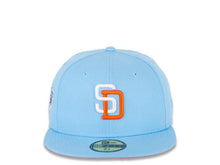 Load image into Gallery viewer, San Diego Padres New Era MLB 59FIFTY 5950 Fitted Cap Hat Doscientos Blue Crown/Visor White/Orange Logo 1998 World Series Side Patch Orange UV
