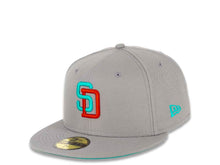 Load image into Gallery viewer, San Diego Padres New Era MLB 59FIFTY 5950 Fitted Cap Hat Misty Morning Crown/Visor Red/Teal Logo 1992 All-Star Game Side Patch Teal UV