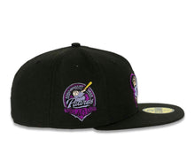 Load image into Gallery viewer, San Diego Padres New Era MLB 59FIFTY 5950 Fitted Cap Hat Black Crown/Visor Purple/Metallic Gold Logo 40th Anniversary Side Patch Purple UV