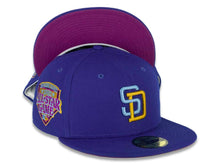 Load image into Gallery viewer, San Diego Padres New Era MLB 59FIFTY 5950 Fitted Cap Hat Light Royal Crown/Visor Sky Blue/Cheviot Gold Logo 1992 All-Star Game Side Patch Purple UV