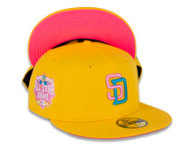 Load image into Gallery viewer, San Diego Padres New Era MLB 59FIFTY 5950 Fitted Cap Hat Canary Yellow Crown/Visor Wild Pink/Blue Logo 2016 All-Star Game Side Patch Pink Glow UV