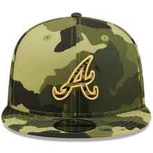 Load image into Gallery viewer, Atlanta Braves New Era MLB 9FIFTY 950 Snapback Cap Hat Camo Crown/Visor Camo Flag/Gold Logo (2022 Armed Forces Day)
