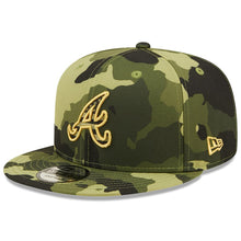 Load image into Gallery viewer, Atlanta Braves New Era MLB 9FIFTY 950 Snapback Cap Hat Camo Crown/Visor Camo Flag/Gold Logo (2022 Armed Forces Day)