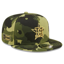 Load image into Gallery viewer, Houston Astros New Era MLB 9FIFTY 950 Snapback Cap Hat Camo Crown/Visor Camo Flag/Gold Logo (2022 Armed Forces Day)
