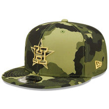 Load image into Gallery viewer, Houston Astros New Era MLB 9FIFTY 950 Snapback Cap Hat Camo Crown/Visor Camo Flag/Gold Logo (2022 Armed Forces Day)