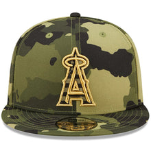 Load image into Gallery viewer, Los Angeles Anaheim Angels New Era MLB 9FIFTY 950 Snapback Cap Hat Camo Crown/Visor Camo Flag/Gold Logo (2022 Armed Forces Day)