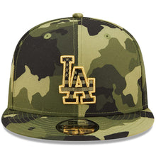 Load image into Gallery viewer, Los Angeles Dodgers New Era MLB 9FIFTY 950 Snapback Cap Hat Camo Crown/Visor Camo Flag/Gold Logo (2022 Armed Forces Day)